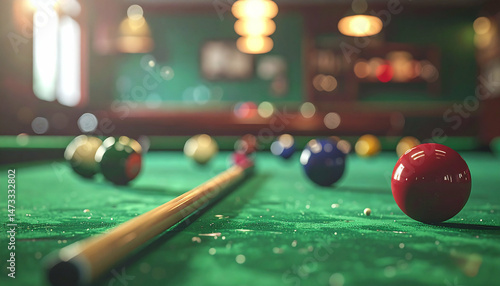 Pool table scene with balls and cue, lights