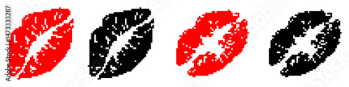 Retro pixel kiss print vector in 8-bit game style. Ideal for Valentine's Day designs, love themes, romantic gifts, gaming graphics, and nostalgic digital art