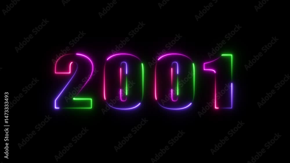 2001 neon line text animated. Abstract 2001 neon text animation ,Four neon color Glowing neon number text background .Year Number Neon Motion. neon animation.Colored Neon Light Form Generated Circle