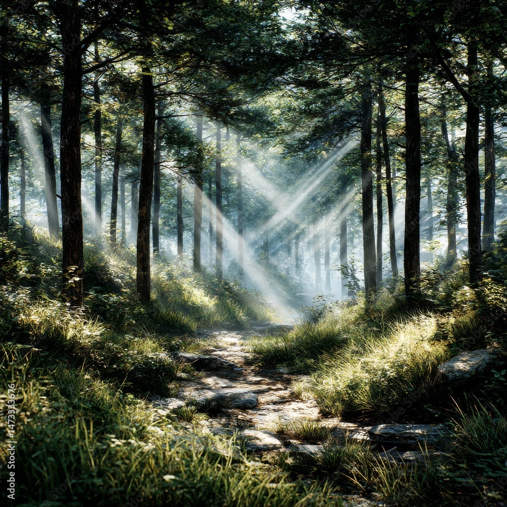 Fototapeta premium Enchanting Forest Path: Sunlight Filters Through Tall Trees on a Stone Pathway Creating a Magical, Serene Scene.