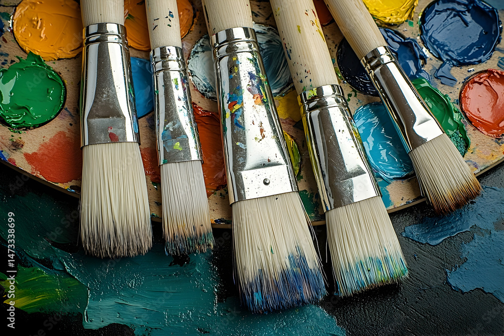 Fototapeta premium Paintbrushes and Vivid Palette with Multiple Paints in a Bright Studio Setting Overhead Shot