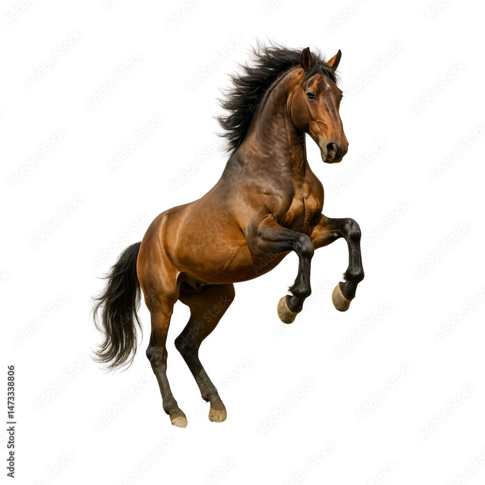 Fototapeta premium Majestic bay horse rearing against black background displaying power and elegance