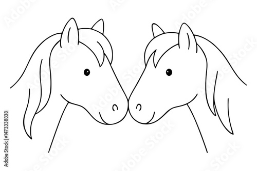Two cartoon horses facing each other in a coloring page design  