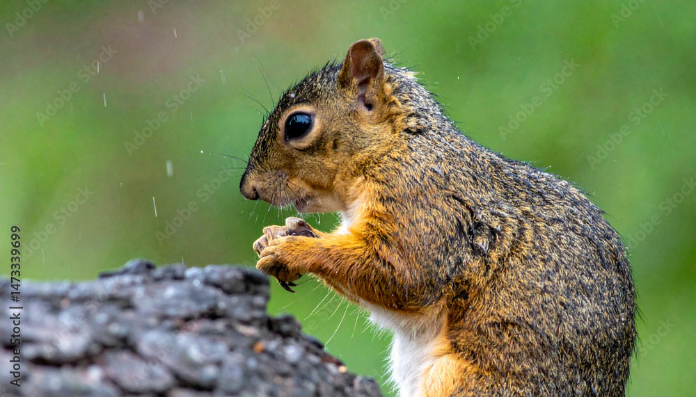 Squirrel on log in rain. Holds small food item. Blurred background Squirrel on log in rain. Holds small food item. Blurred background
