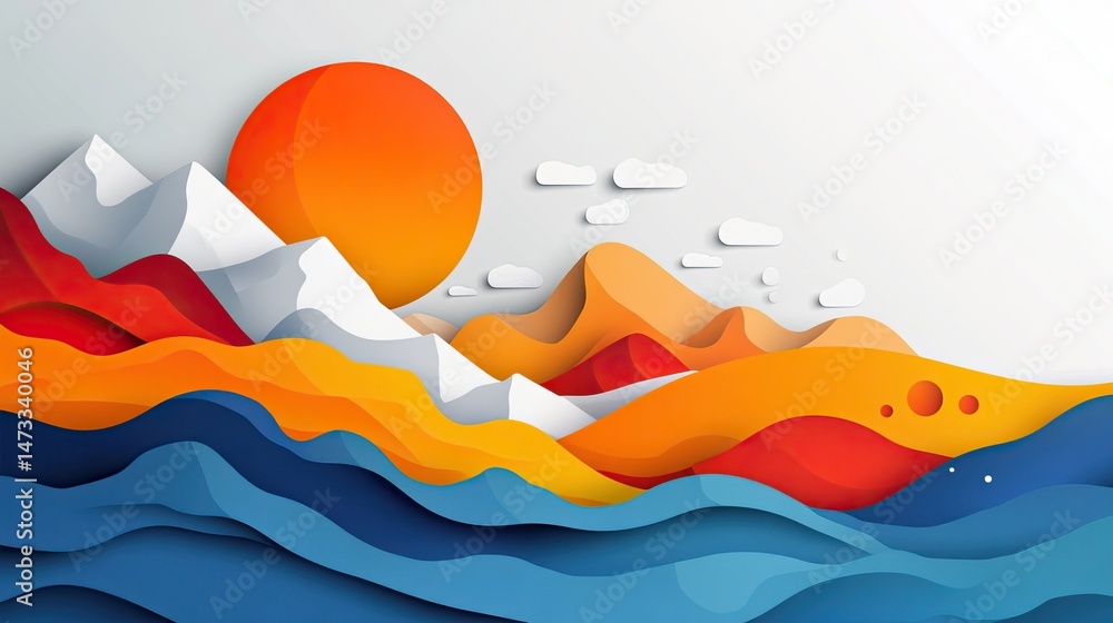 Stylized landscape with mountains sun clouds and water in a layered paper cut style design Stylized landscape with mountains sun clouds and water in a layered paper cut style design