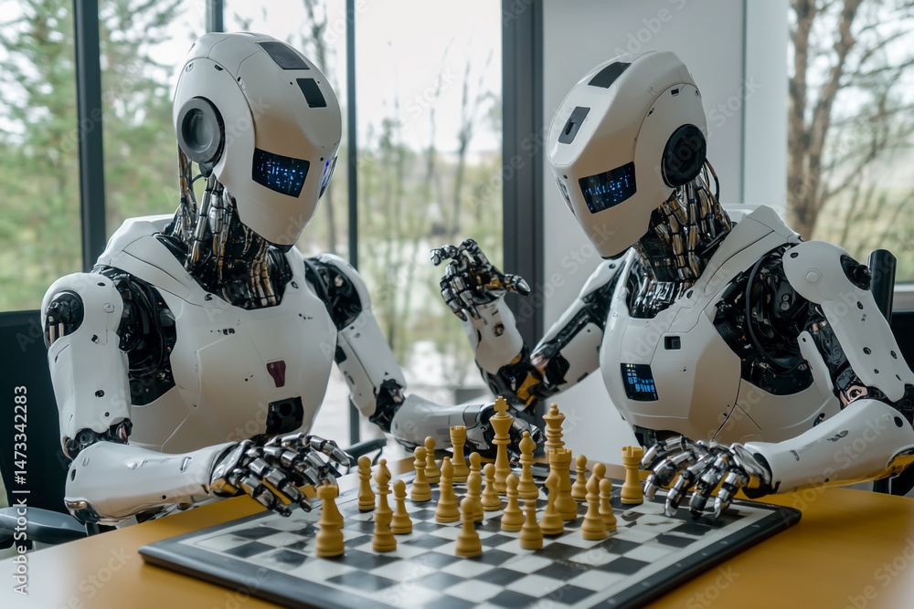 Fototapeta premium Two humanoid robots playing chess in an office setting, showcasing the use of AI technology for game development and play