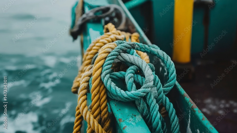 Fototapeta premium Tied-up ropes on a teal boat deck