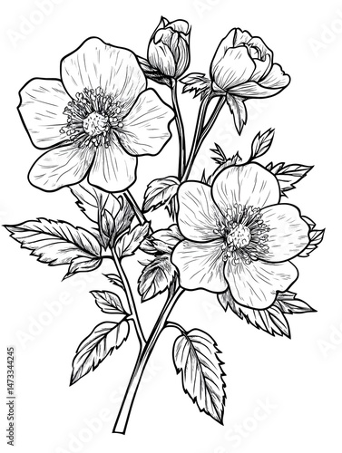A detailed line drawing of a flowering rose bush with three open blossoms and a bud
