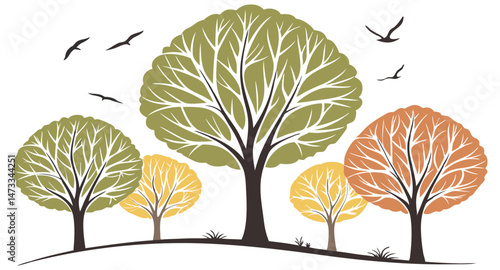 Forest with multicolour trees and birds