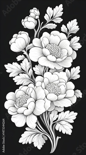 A detailed, intricate line drawing of a bouquet of white flowers with leaves on a black background