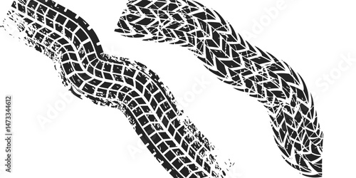 Grunge tire tracks set. Tire tread or wheel braking tracks. Car and motorcycle tread patterns. Dirty grunge textures of wheels. Modern Vector