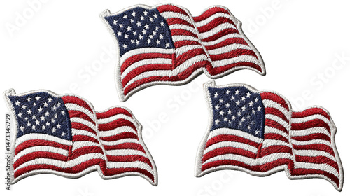 Embroidered USA flying flag patch, collection set of 3, cutout isolated white background