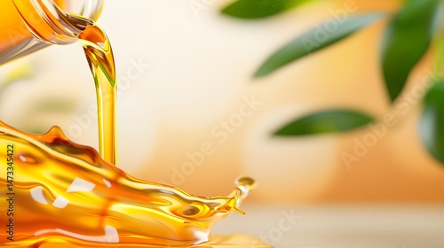 Pouring golden olive oil from a glass bottle