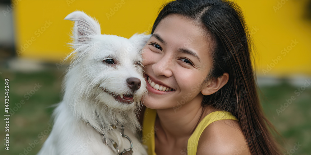 Joyful interaction between smiling woman and fluffy companion Joyful interaction between smiling woman and fluffy companion