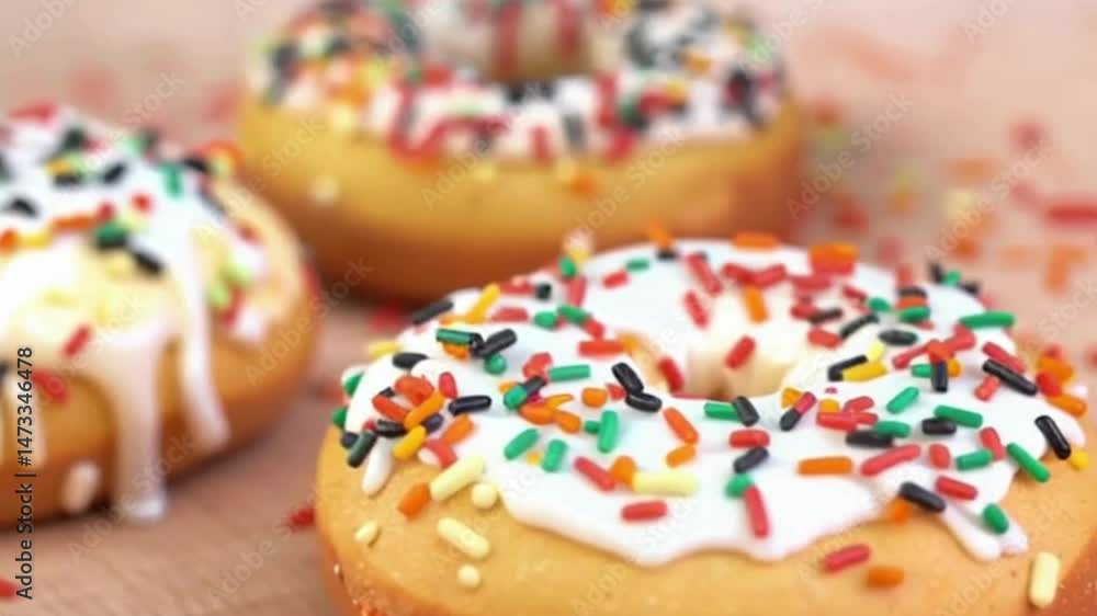 Donuts with vanilla glaze and colorful sprinkles on it Donuts with vanilla glaze and colorful sprinkles on it