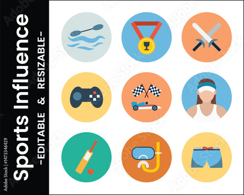 Sports Icons Flat Design Vector Set Including Rowing Fencing Swimming Racing