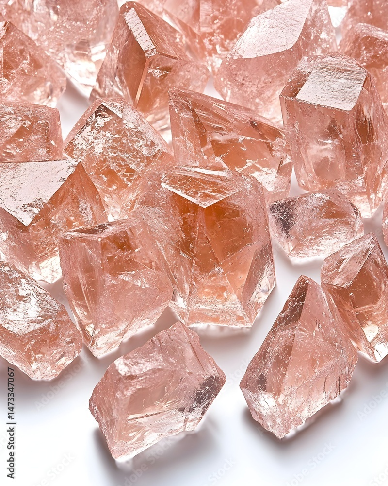A scattered collection of pale pink, translucent, faceted quartz crystals on a white surface A scattered collection of pale pink, translucent, faceted quartz crystals on a white surface