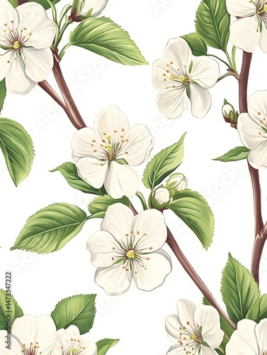 A seamless pattern of white cherry blossoms with green leaves on brown branches against a white background