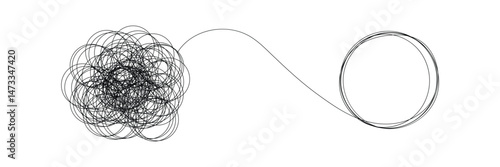 Tangle and unraveling thread of thoughts drawn in one continuous line. Concept of psychotherapy, mental health, problem solving. Vector editable line illustration. EPS 10 . 