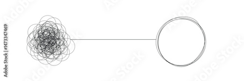 Tangle and unraveling thread of thoughts drawn in one continuous line. Concept of psychotherapy, mental health, problem solving. Vector editable line illustration. EPS 10 . 