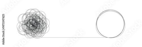 Tangle and unraveling thread of thoughts drawn in one continuous line. Concept of psychotherapy, mental health, problem solving. Vector editable line illustration. EPS 10 . 