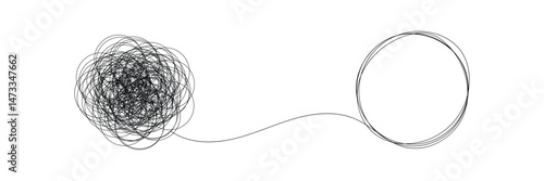 Tangle and unraveling thread of thoughts drawn in one continuous line. Concept of psychotherapy, mental health, problem solving. Vector editable line illustration. EPS 10 . 