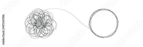 Tangle and unraveling thread of thoughts drawn in one continuous line. Concept of psychotherapy, mental health, problem solving. Vector editable line illustration. EPS 10 . 