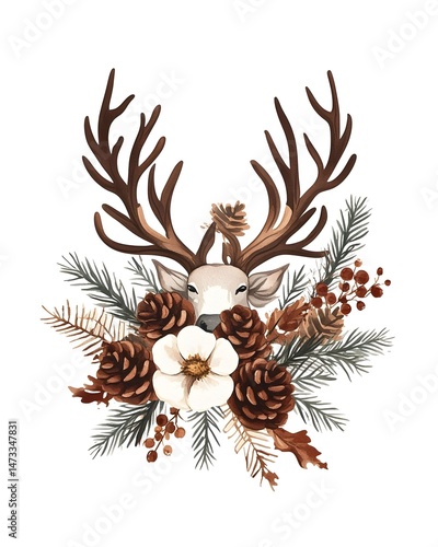 A stylized deer head with antlers surrounded by pine branches, pine cones, and white flowers