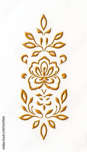 A symmetrical golden floral design with a central flower and two sets of leaves