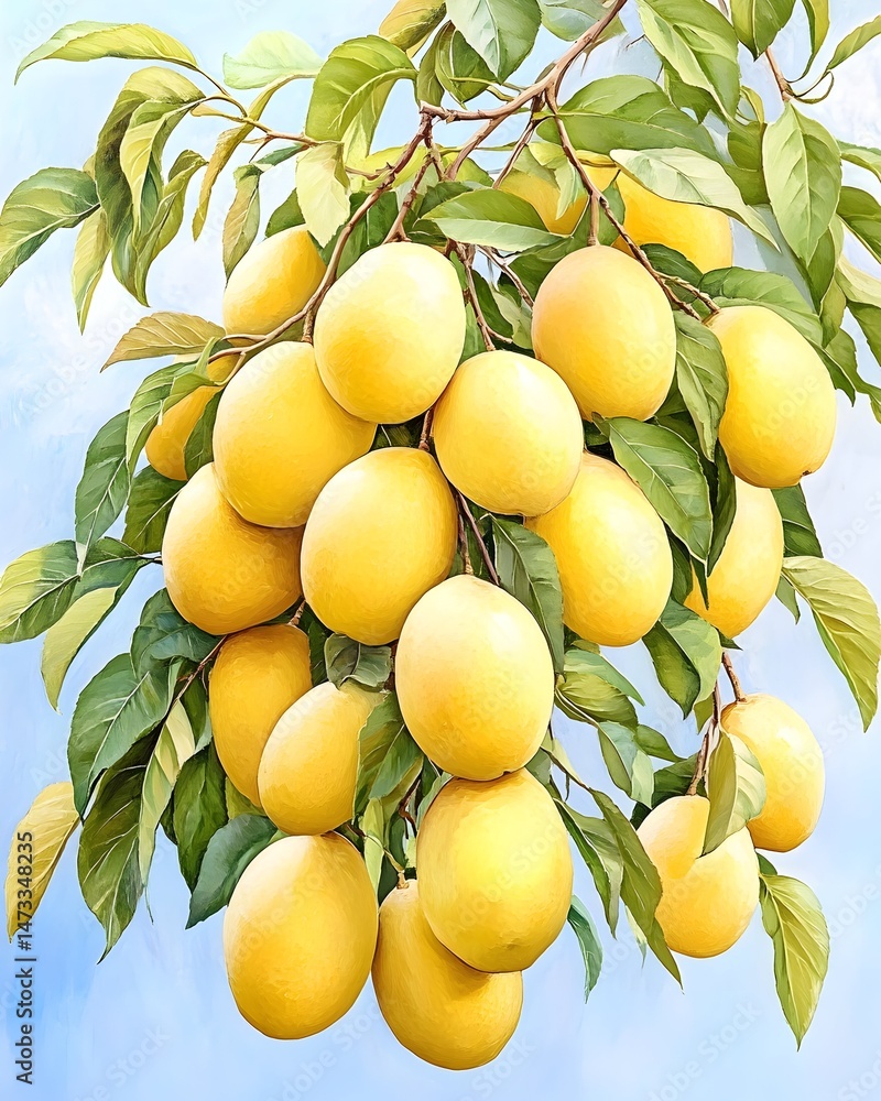 A vibrant illustration depicts a bountiful branch laden with ripe yellow citrus fruits, set against a backdrop of a clear blue sky A vibrant illustration depicts a bountiful branch laden with ripe yellow citrus fruits, set against a backdrop of a clear blue sky