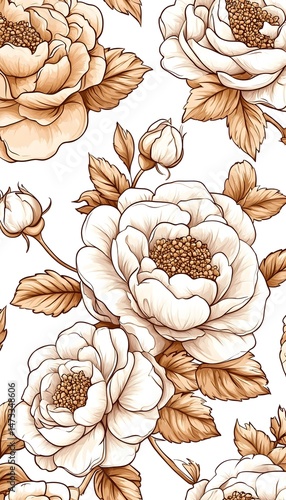 A white and gold floral pattern featuring roses and buds on a white background