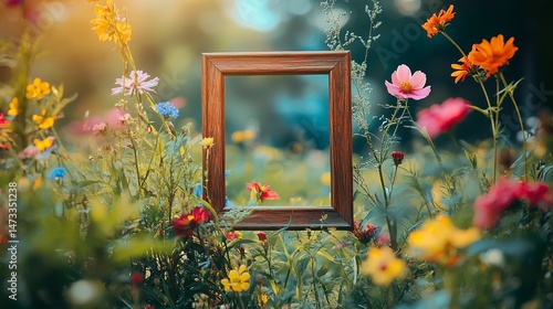 Fototapeta Naklejka Na Ścianę i Meble -  Wooden Frame in Vibrant Wildflower Meadow Summer Blooming Flowers Nature Photography Artistic Image Beautiful Floral Background Garden Scene Rustic   