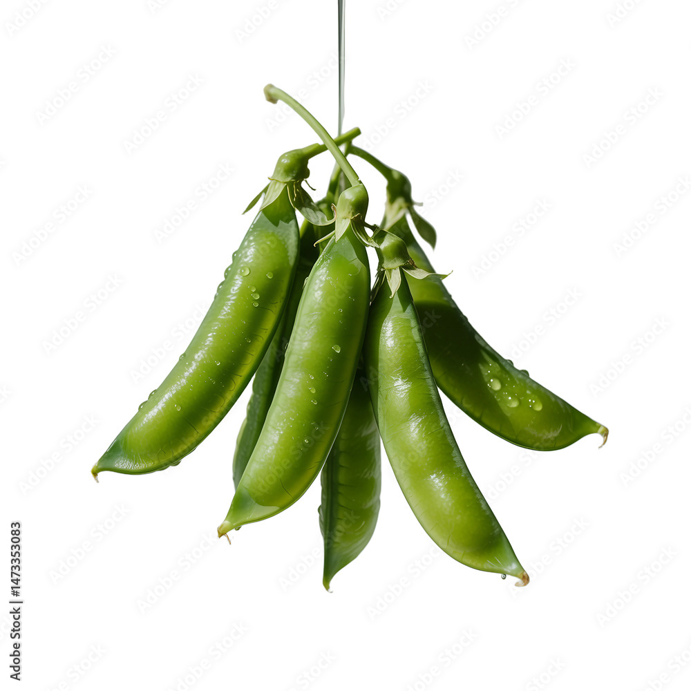 Fresh green peas and pods floating in mid-air with glossy texture, vibrant and natural appearance Isolated on white and transparent background Fresh green peas and pods floating in mid-air with glossy texture, vibrant and natural appearance Isolated on white and transparent background