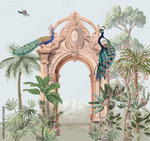 Arch architecture building white background. Mughal Garden, Peacock, Garden Illustration.