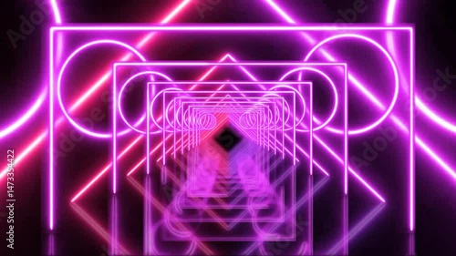 A mesmerizing looping animation of a neon tunnel composed of concentric glowing triangles in electric