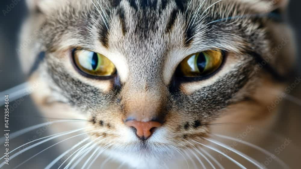 A cat with yellow eyes staring at the camera. The cat's eyes are wide open, and its fur is a mix of brown and gray. The cat's expression is intense and curious A cat with yellow eyes staring at the camera. The cat's eyes are wide open, and its fur is a mix of brown and gray. The cat's expression is intense and curious
