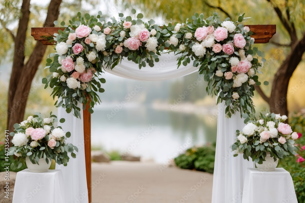 Wedding arch decorated with flowers and white veil overlooking lake