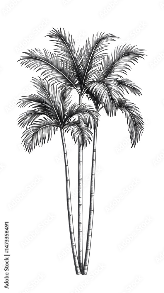 Obraz premium A black and white illustration of three palm trees with lush fronds