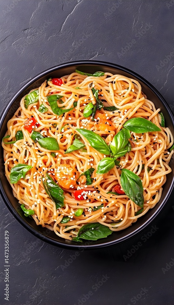 A bowl of stir-fried noodles with shrimp, bell peppers, basil, and sesame seeds A bowl of stir-fried noodles with shrimp, bell peppers, basil, and sesame seeds