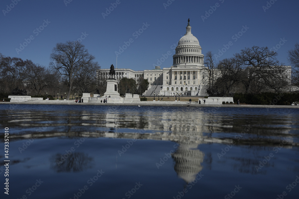 Fototapeta premium Congress and Capitol. Independence Day in USA. Capitol is freedom and justice in America. The dome of the Capitol in Washington DC. The United States flag on the Capitol building.