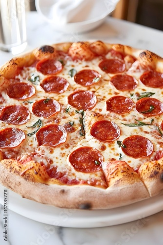 A classic pepperoni pizza with a crispy crust, melted cheese, and fresh basil