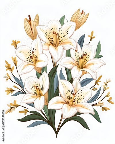 A cluster of white lilies with yellow centers and green leaves