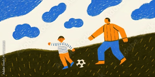 A father and son playing soccer on a grassy hill under a cloudy blue sky art