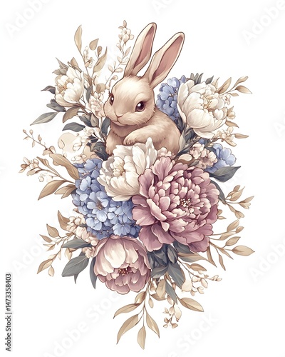 A cute, white bunny sits nestled amongst a bouquet of delicate pink, white and blue flowers