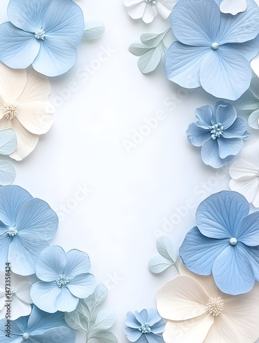 A delicate arrangement of blue and white paper flowers creates a beautiful frame on a white background