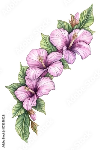 A delicate arrangement of three pink hibiscus flowers with green leaves
