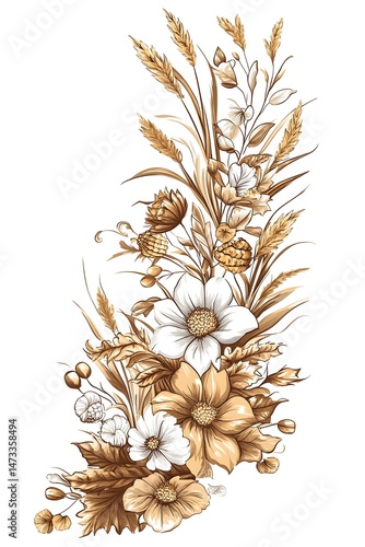 A delicate arrangement of white and beige flowers with wheat stalks, showcasing a minimalist autumnal floral design