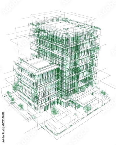 A detailed architectural rendering of a modern, multi-story building with a gridded overlay