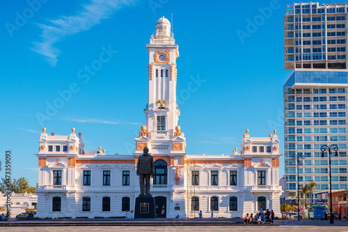 View of Faro Venustiano Carranza, historic 1902 neoclassical building on the Gran Plaza del Malecon at Veracruz, Mexico.