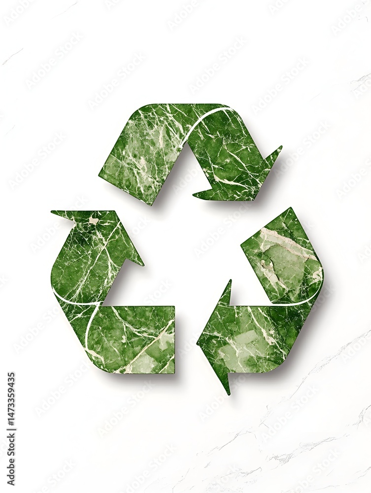 A green marble texture recycling symbol with a shadow on a white marble background A green marble texture recycling symbol with a shadow on a white marble background